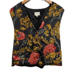 VTG Causal Corner Women's Black‎ And Floral V-Neck Vest Size L
